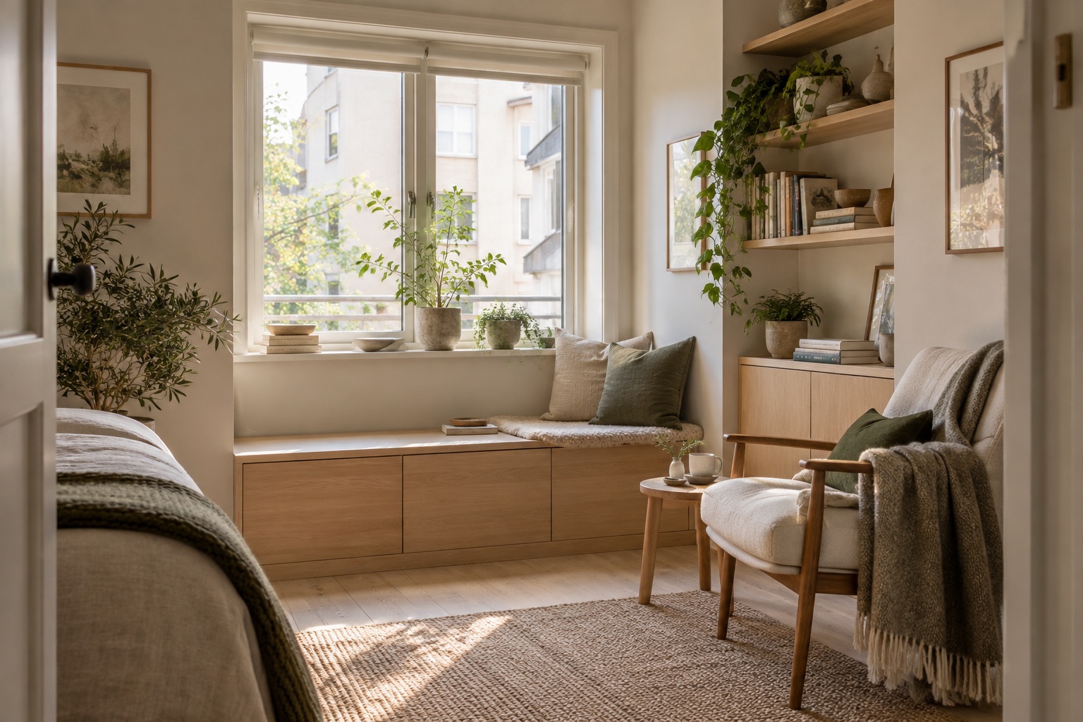 Liten lys leilighet med integrert sittebenk og oppbevaring