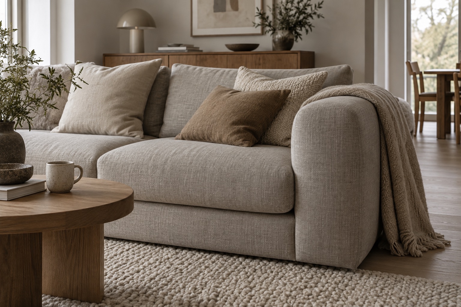 Sofa i lyst naturstoff med puter og eikebord