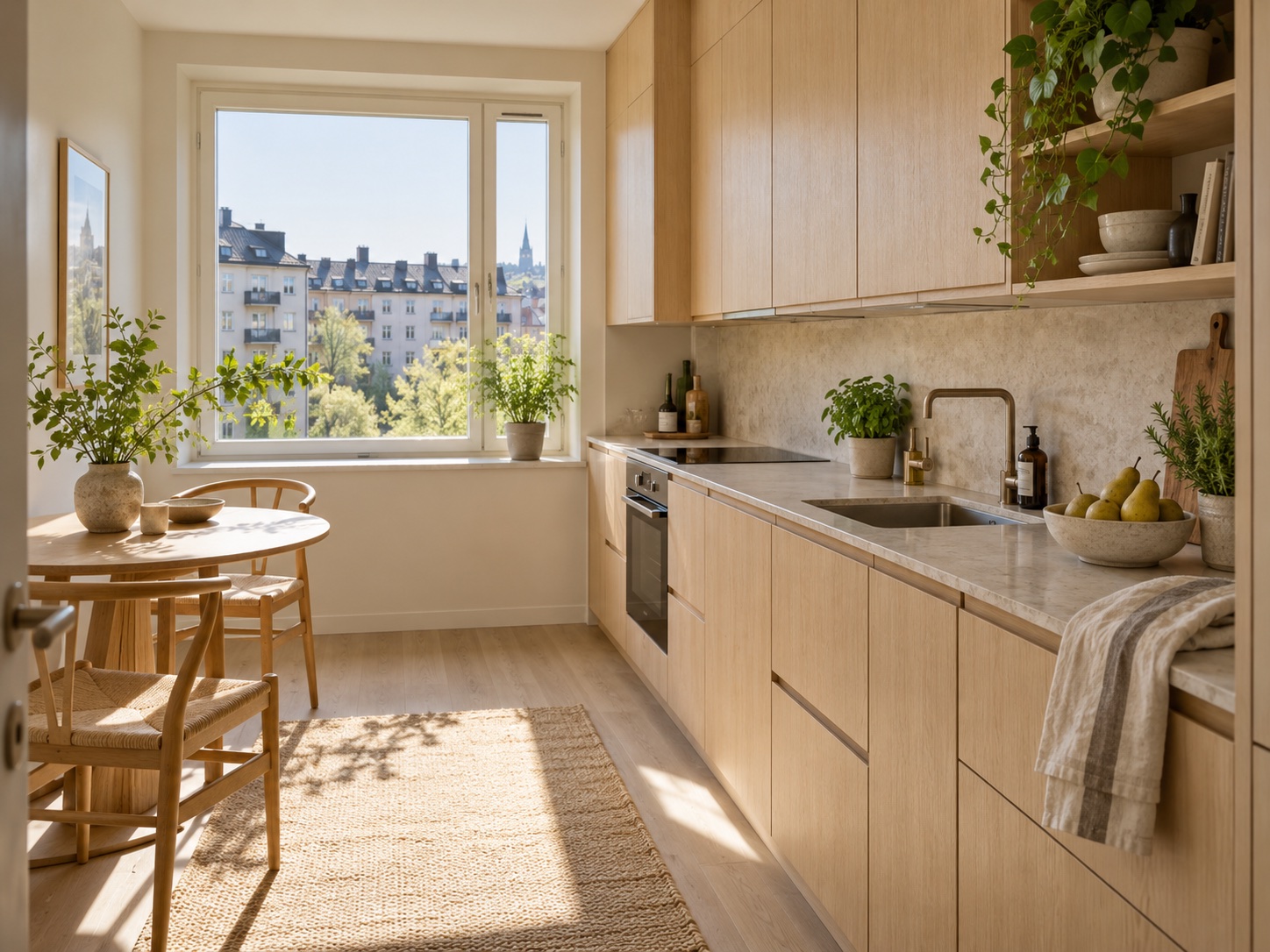 Lyst kompakt kjøkken med eikeskap, enkel frokostplass og grønne planter