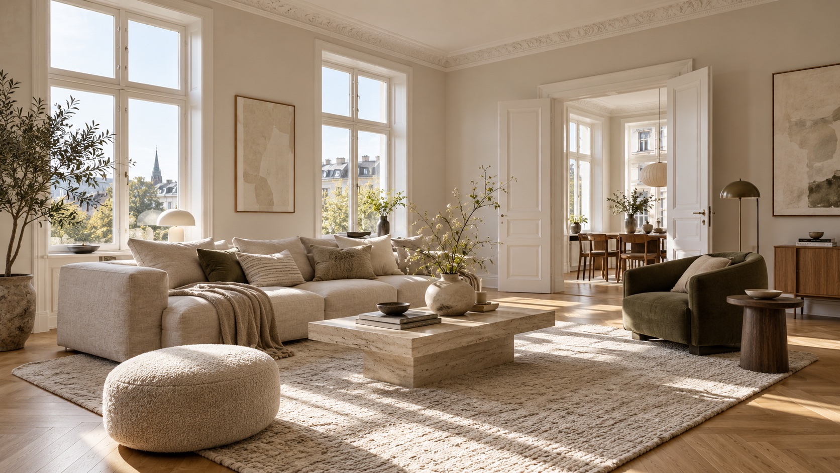 Lys stue stylet med linsofa, eikegulv, olivengrønn stol og store vinduer