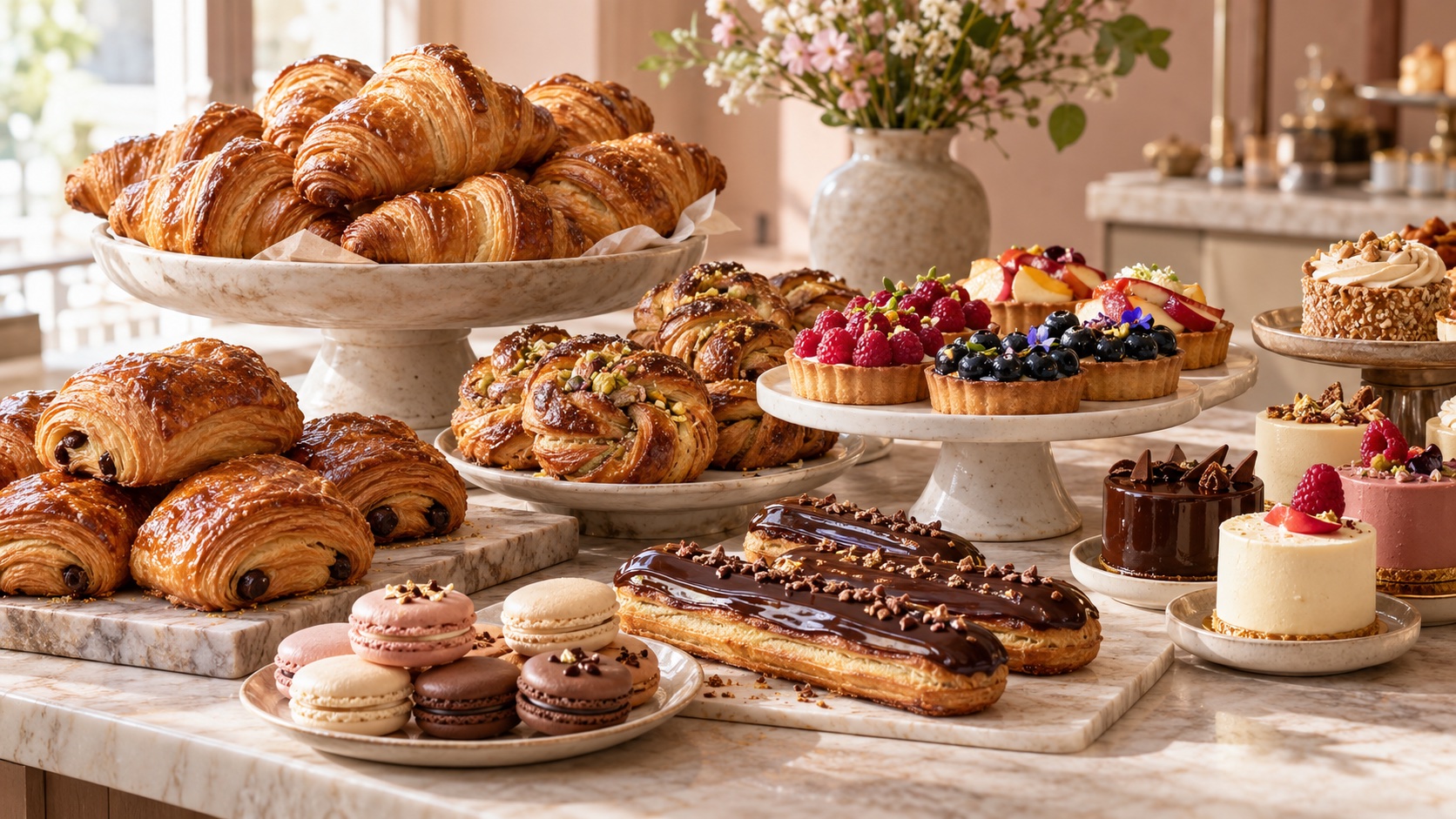 An abundant display of croissants, fruit tarts, éclairs, macarons and small cakes