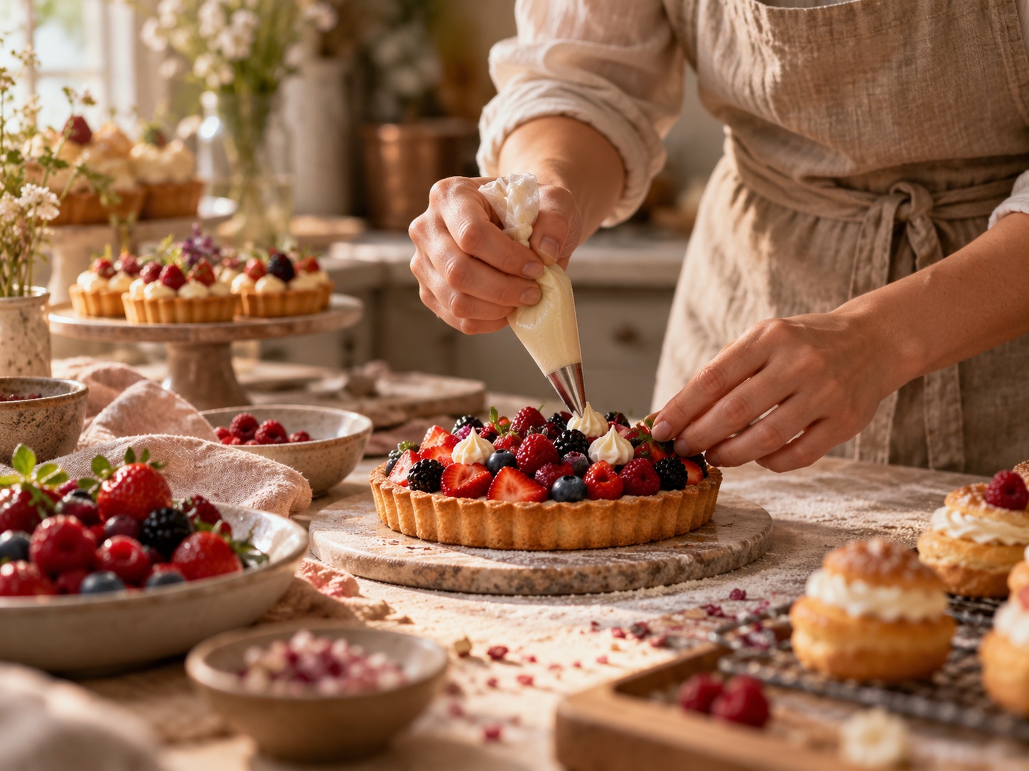 Pastry chef carefully piping cream onto a fresh berry tart
