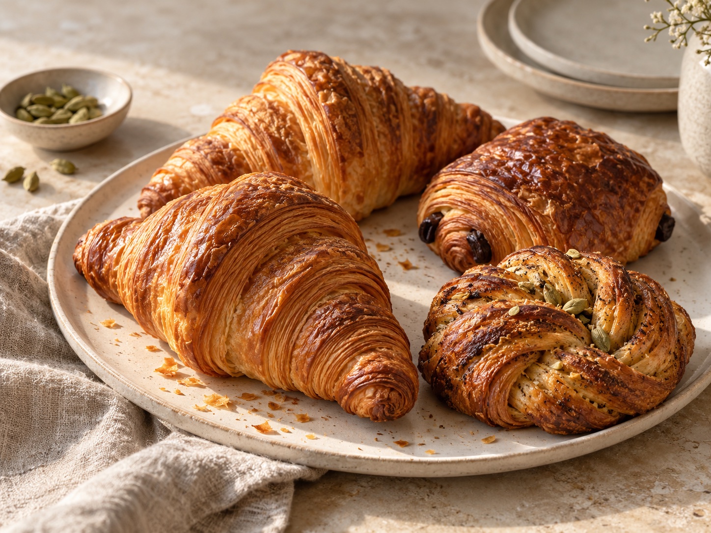 Golden croissants, pain au chocolat and a cardamom pastry on a ceramic plate