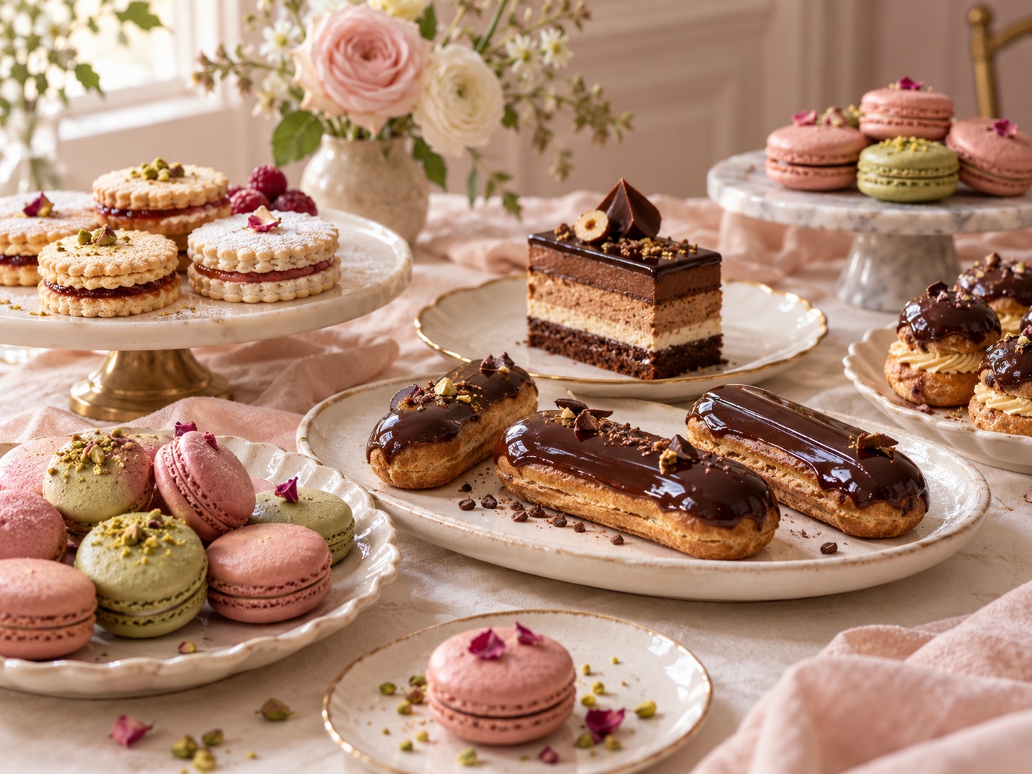 Chocolate éclairs, rose and pistachio macarons and small cakes