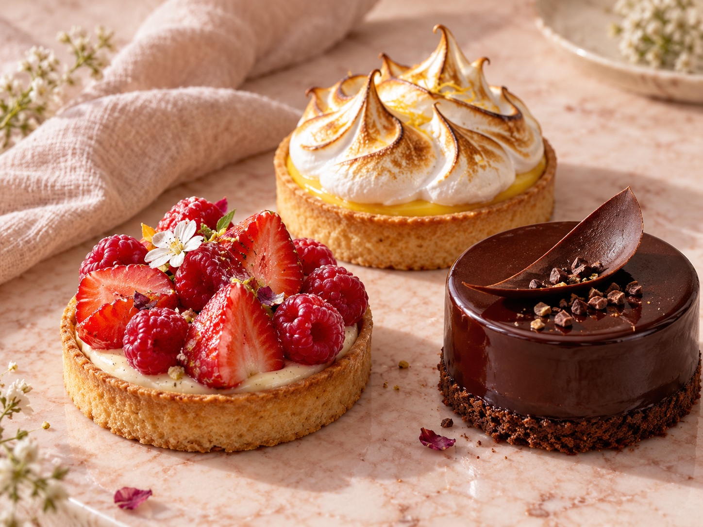 Berry tart, lemon meringue tart and a glossy chocolate cake
